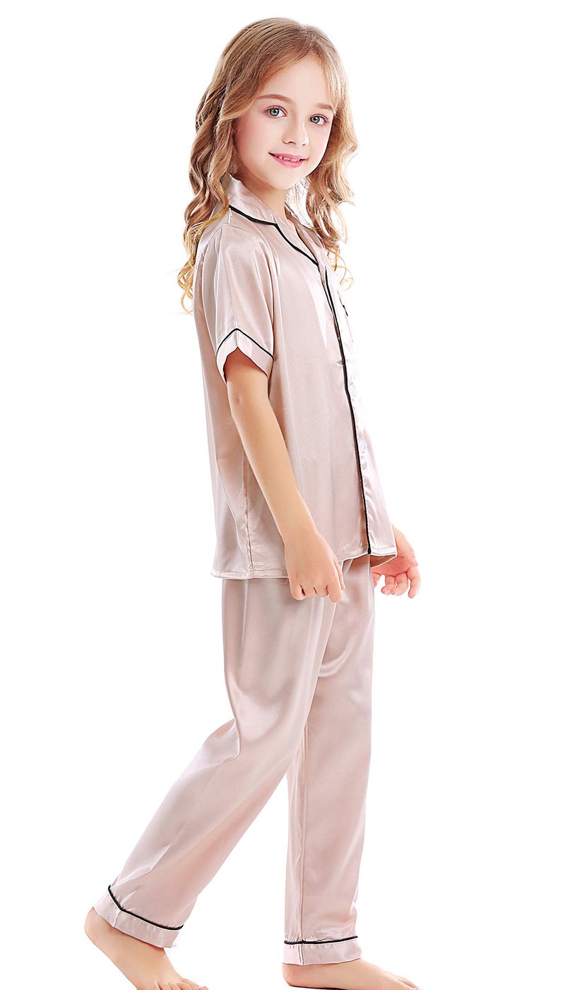 Horcute Kids Satin Short-Top and Long-Pants 2-Pieces Pajamas Sleepwears Set Champagne 160# 9-10Y - Image 4